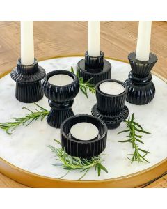 Vintage Ribbed Black Glass Candle/Candlestick Holders Set of 6 - Assorted