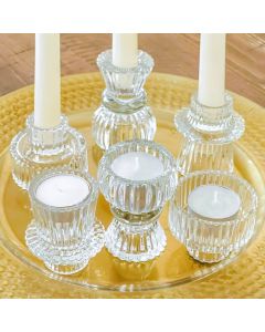 Vintage Ribbed Glass Clear Candle/Candlestick Holders Set of 6 - Assorted