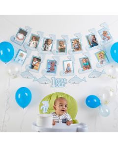 1st Birthday Milestone Photo Banner & Cake Topper - Shark Party