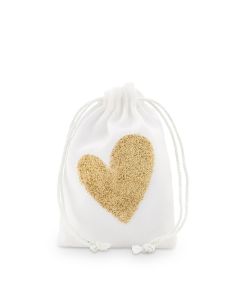 Gold Glitter Heart Muslin Drawstring Favor Bag - Small (12)