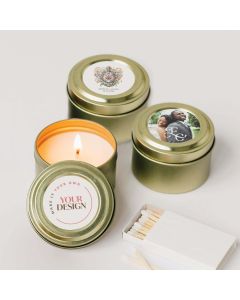 Large Gold Tin Candle with Custom Printed Stickers for Wedding or Event