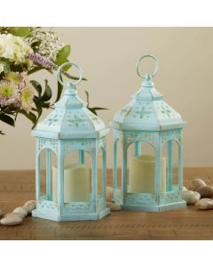 LED Blue Hexagon Distressed Lantern (Set of 2)