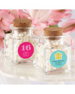 "Petite Treat" Personalized Square Glass Favor Jar with Cork Stopper-Set of 12 (Birthday)