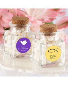 "Petite Treat" Personalized Square Glass Favor Jar with Cork Stopper-Set of 12 (Religious)