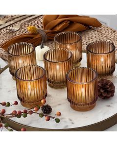 Ribbed Amber Glass Votive Candle Holder (Set of 6)