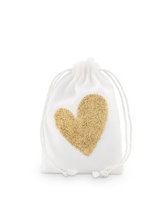 Gold Glitter Heart Muslin Drawstring Favor Bag - Small (12)