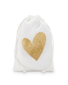 Gold Glitter Heart Muslin Drawstring Favor Bag - Medium (12)