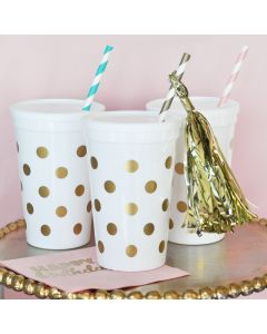 White & Gold Polka Dot Party Cups w/Lids (set of 25)
